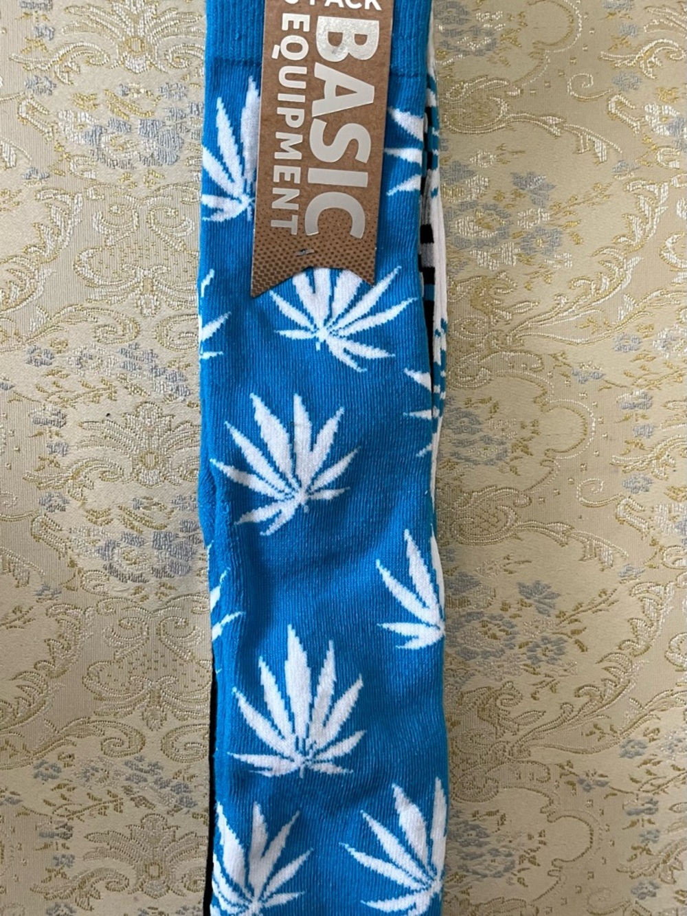 Basic Equipment Men's Blue Crew Socks with White Leaf Motif set of 3